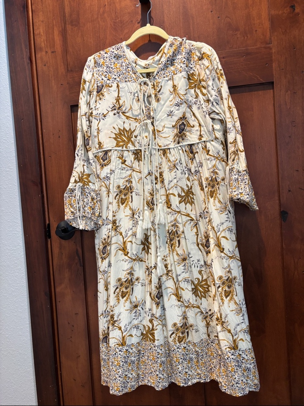 Boho Cream Floral Midi Dress with Mustard Print and Tie Front